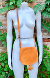 Orange suede bag. Small crossbody /shoulder genuine leather purse. Rounded orange boho messenger bag with flap, zipper + tassel. Hippy purse