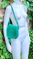 Green suede bag. Small crossbody /shoulder genuine leather purse. Green boho messenger bag with flap, zipper + tassel. Green hippy purse