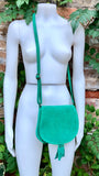 Green suede bag. Small crossbody /shoulder genuine leather purse. Green boho messenger bag with flap, zipper + tassel. Green hippy purse