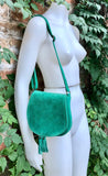 Green suede bag. Small crossbody /shoulder genuine leather purse. Green boho messenger bag with flap, zipper + tassel. Green hippy purse