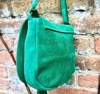 Green suede bag. Small crossbody /shoulder genuine leather purse. Green boho messenger bag with flap, zipper + tassel. Green hippy purse