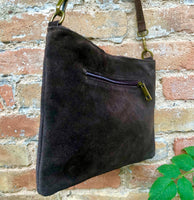 Crossbody bag. Dark BROWN suede leather purse with bronze color tacks. Genuine suede leather messenger bag. Chocolate brown crossbody bag