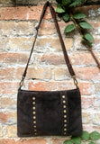 Crossbody bag. Dark BROWN suede leather purse with bronze color tacks. Genuine suede leather messenger bag. Chocolate brown crossbody bag