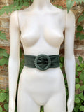 Dark green suede waist belt. Large round buckle. Forest green boho suede belt. Genuine natural leather. Dark green overall / dress belt