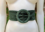 Dark green suede waist belt. Large round buckle. Forest green boho suede belt. Genuine natural leather. Dark green overall / dress belt