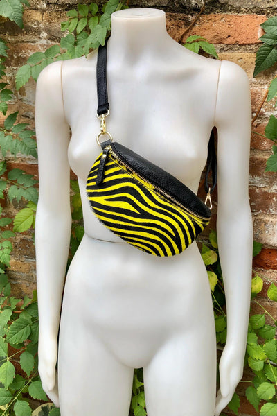 Yellow + black zebra print FANNY pac .Small leather crossbody/ hip bag, bum pack bag in GENUINE leather. Yellow purse with adjustable strap