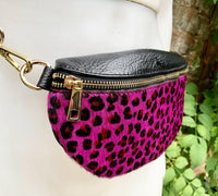 Pink+ black cheetah print FANNY pack .Small leather crossbody/ hip bag, bum pack bag in GENUINE leather. Hot pink purse, adjustable strap