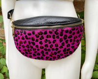 Pink+ black cheetah print FANNY pack .Small leather crossbody/ hip bag, bum pack bag in GENUINE leather. Hot pink purse, adjustable strap