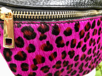 Pink+ black cheetah print FANNY pack .Small leather crossbody/ hip bag, bum pack bag in GENUINE leather. Hot pink purse, adjustable strap