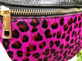 Pink+ black cheetah print FANNY pack .Small leather crossbody/ hip bag, bum pack bag in GENUINE leather. Hot pink purse, adjustable strap