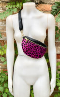 Pink+ black cheetah print FANNY pack .Small leather crossbody/ hip bag, bum pack bag in GENUINE leather. Hot pink purse, adjustable strap