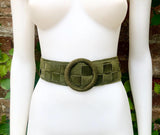 GREEN waist belt with large round buckle. Dark moss green boho soft suede wide belt. Genuine natural suede leather. Green wide dress belt