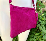 FUCHSIA suede leather bag. GENUINE leather small crossbody / shoulder bag.Adjustable strap + zipper. Hot pink suede purse with tassel.