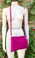 FUCHSIA suede leather bag. GENUINE leather small crossbody / shoulder bag.Adjustable strap + zipper. Hot pink suede purse with tassel.