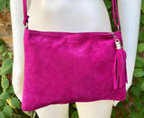 FUCHSIA suede leather bag. GENUINE leather small crossbody / shoulder bag.Adjustable strap + zipper. Hot pink suede purse with tassel.