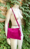 FUCHSIA suede leather bag. GENUINE leather small crossbody / shoulder bag.Adjustable strap + zipper. Hot pink suede purse with tassel.