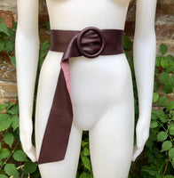 Burgundy leather waist belt with large round buckle. Soft leather belt in wine red.Genuine leather dark burgundy dress belt. Wide waist belt