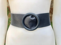 Navy leather waist belt with large round buckle. Soft leather belt in wine red.Genuine leather dark blue dress belt. Wide blue waist belt