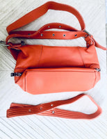 Small ORANGE genuine leather bag. Orange cross body / shoulder bag. Pumkin color leather purse, 2 adjustable straps, closed with a zipper.