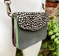 Small cheetah print crossbody bag. Genuine leather. Dark gray enveloppe bag. Animal print flap. Boho multicolor leopard grey purse.