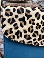 Small cheetah print crossbody bag. Genuine leather. Blue gray enveloppe bag. Animal print flap. Boho multicolor leopard blue purse.