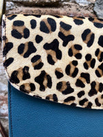 Small cheetah print crossbody bag. Genuine leather. Blue gray enveloppe bag. Animal print flap. Boho multicolor leopard blue purse.