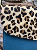 Small cheetah print crossbody bag. Genuine leather. Blue gray enveloppe bag. Animal print flap. Boho multicolor leopard blue purse.