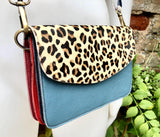 Small cheetah print crossbody bag. Genuine leather. Blue gray enveloppe bag. Animal print flap. Boho multicolor leopard blue purse.
