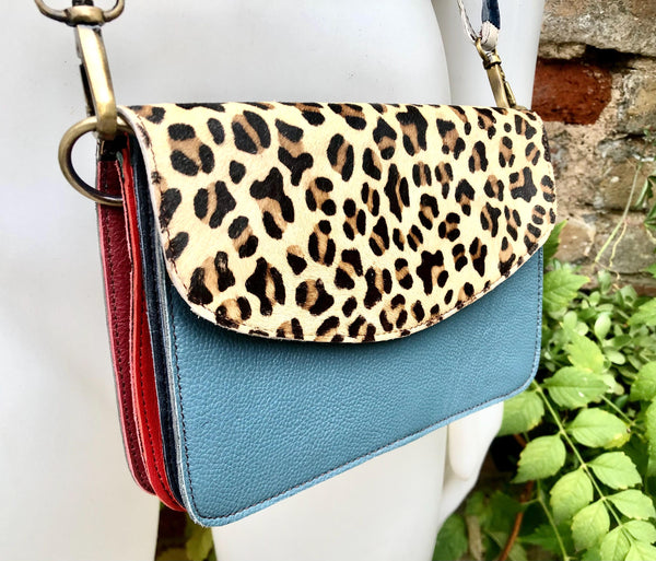 Small cheetah print crossbody bag. Genuine leather. Blue gray enveloppe bag. Animal print flap. Boho multicolor leopard blue purse.