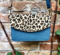 Small cheetah print crossbody bag. Genuine leather. Blue gray enveloppe bag. Animal print flap. Boho multicolor leopard blue purse.