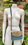 Small cheetah print crossbody bag. Genuine leather. Blue gray enveloppe bag. Animal print flap. Boho multicolor leopard blue purse.