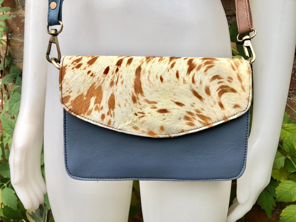 Small cheetah print crossbody bag. Genuine leather. Blue gray enveloppe bag. Animal print flap. Boho multicolor leopard blue purse.