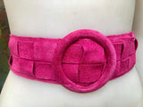 Hot pink suede waist belt with large round buckle. Boho soft suede wide belt. Genuine natural fuchsia pink suede leather. Pink dress belt