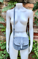 Blue - gray suede bag. Genuine leather denim blue crossbody bag. Small leather bag with adjustable strap and zipper. Blue suede purse