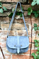 Blue - gray suede bag. Genuine leather denim blue crossbody bag. Small leather bag with adjustable strap and zipper. Blue suede purse