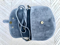 Blue - gray suede bag. Genuine leather denim blue crossbody bag. Small leather bag with adjustable strap and zipper. Blue suede purse