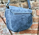 Blue - gray suede bag. Genuine leather denim blue crossbody bag. Small leather bag with adjustable strap and zipper. Blue suede purse