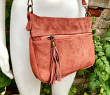 Terracotta orange boho suede leather bag.Soft genuine leather bag with tassel.Dark orange suede crossbody bag. Terracotta orange suede purse