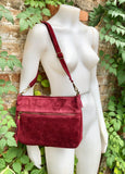 BURGUNDY crossbody suede bag. Genuine leather wine red suede bag with zippers, adjustable strap and tassel. Dark red suede purse.