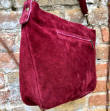 BURGUNDY crossbody suede bag. Genuine leather wine red suede bag with zippers, adjustable strap and tassel. Dark red suede purse.