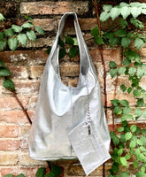 Slouch bag.Tote leather bag in SILVER with ZIPPER. Soft natural glitter genuine leather. SILVER leather purse. Metallic leather shoulder bag