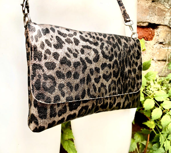 Cheetah print metallic bronze small leather bag. GENUINE leather. Leopard print shoulder / crossbody bag. Animal print purse. Zipper + flap.