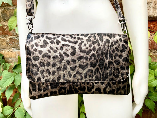 Cheetah print metallic bronze small leather bag. GENUINE leather. Leopard print shoulder / crossbody bag. Animal print purse. Zipper + flap.