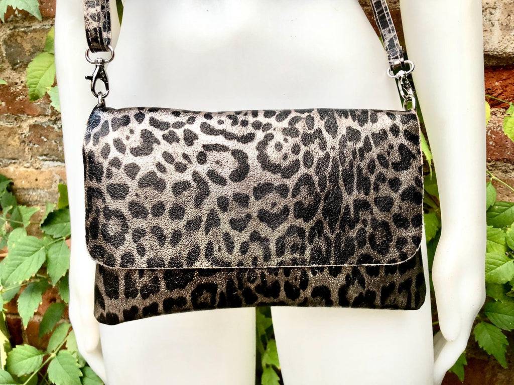 Cheetah print metallic bronze small leather bag. GENUINE leather. Leopard print shoulder / crossbody bag. Animal print purse. Zipper + flap.