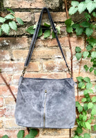 Gray suede leather bag. Boho messenger bag. GENUINE LEATHER Crossbody / shoulder bag. Grey suede leather purse with zipper. Gray suede purse