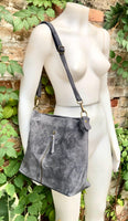 Gray suede leather bag. Boho messenger bag. GENUINE LEATHER Crossbody / shoulder bag. Grey suede leather purse with zipper. Gray suede purse