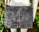 Gray suede leather bag. Boho messenger bag. GENUINE LEATHER Crossbody / shoulder bag. Grey suede leather purse with zipper. Gray suede purse