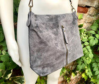 Gray suede leather bag. Boho messenger bag. GENUINE LEATHER Crossbody / shoulder bag. Grey suede leather purse with zipper. Gray suede purse