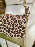 Animal print small leather bag in GOLD. Crossbody / shoulder bag in GENUINE leather + suede. Metallic leather cheetah purse. Leopard bag