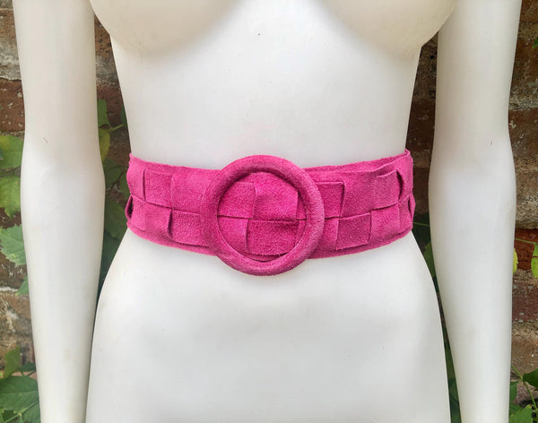 Hot pink suede waist belt with large round buckle. Boho soft suede wide belt. Genuine natural fuchsia pink suede leather. Pink dress belt